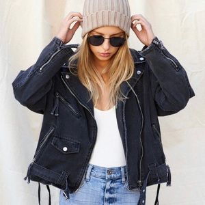 New Black Moto Motorcycle Denim Jean Jacket